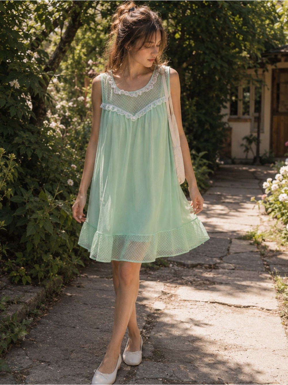 Vintage 60s Mint Green Sheer Chiffon Lace Sleeveless Babydoll Dress Nightdress M